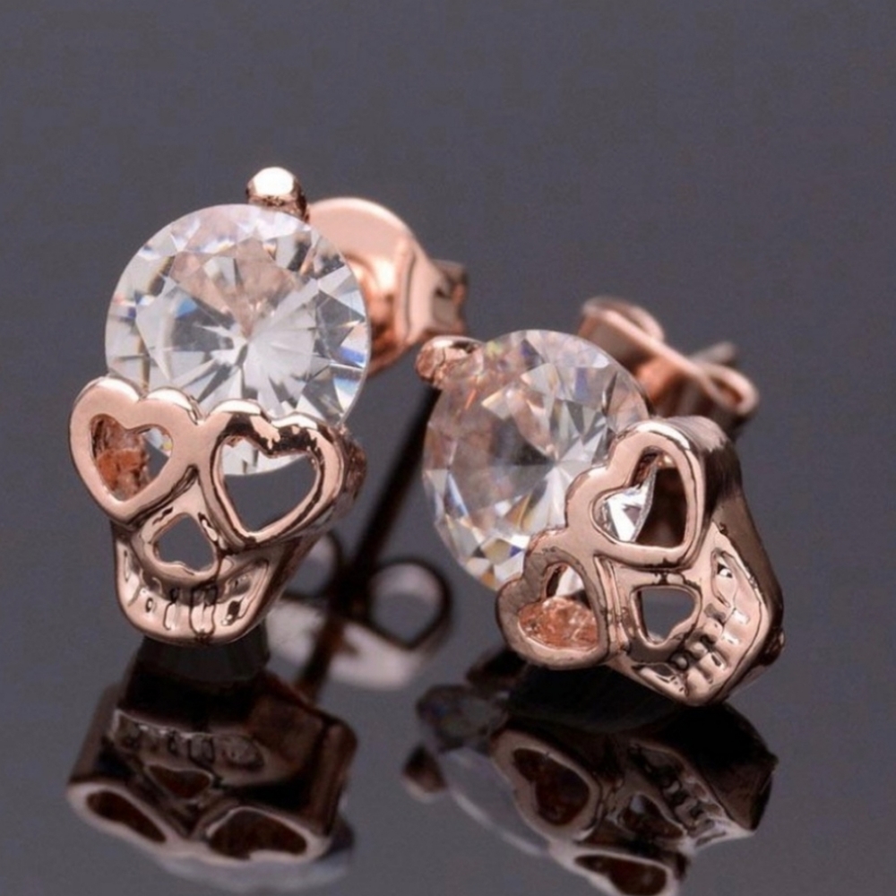 Rose Gold CZ Skull Stud Earrings